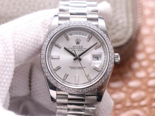 Rolex Day-Date M228349RBR-0001 EW Factory Diamond Silver Dial Replica Watch